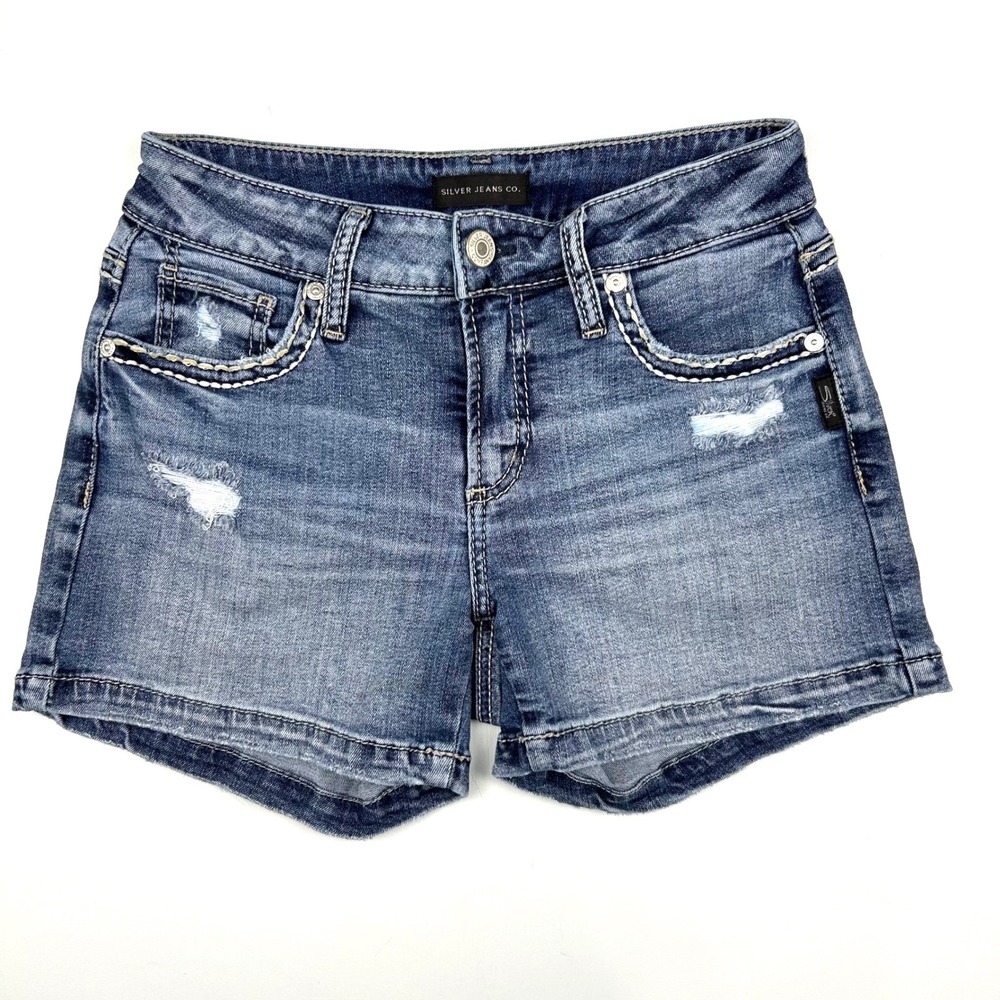 Silver Jeans Co Elyse Mid Rise Curvy Fit Denim Shorts Medium Wash Blue W27 L4